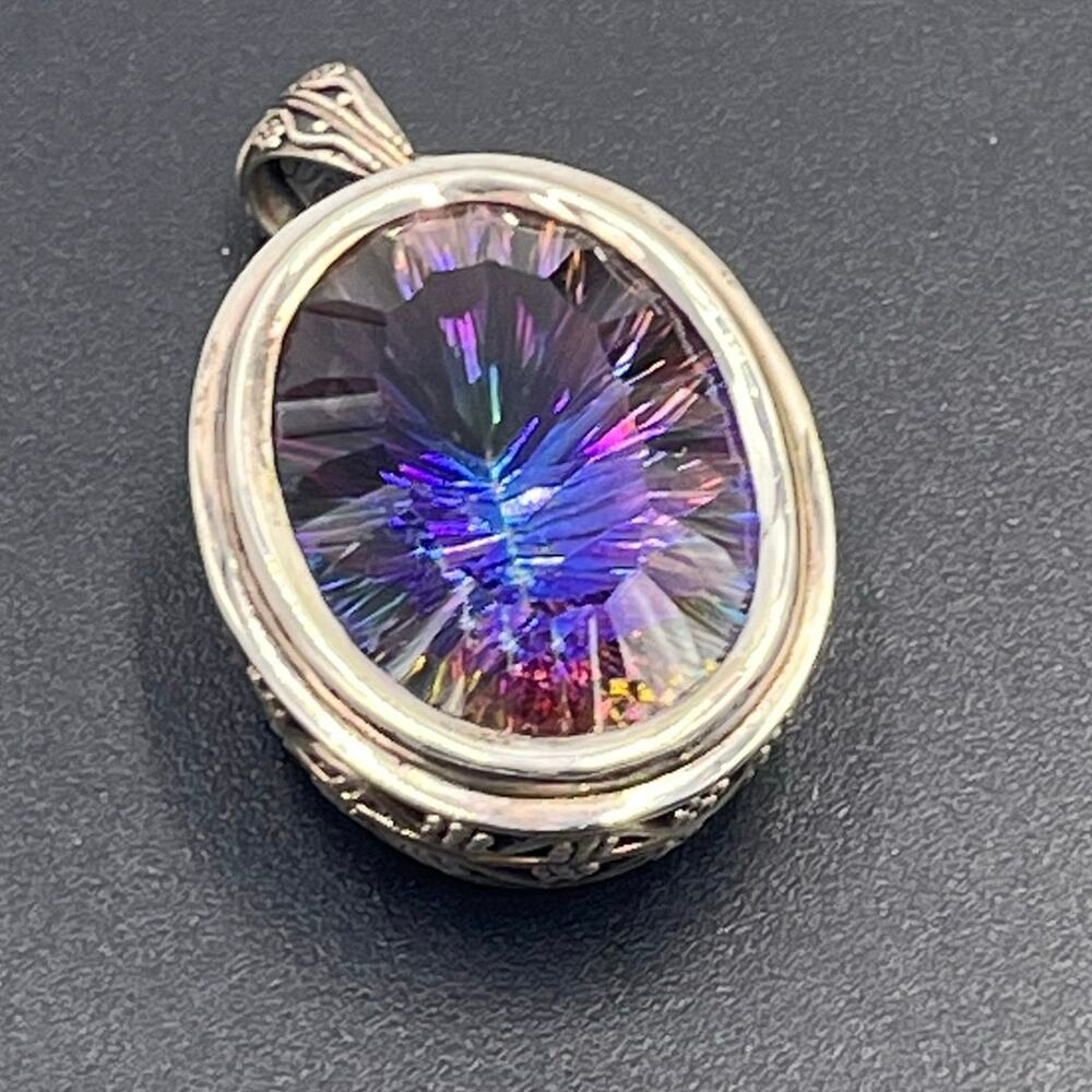 SR Mystic Oval Topaz Facetted‎ Ornate Sterling Silver 925 Pendant 31.2 grams